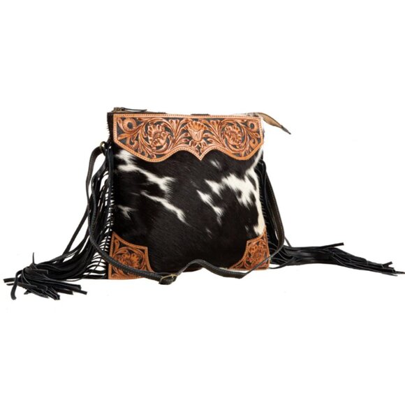 Tumbleweed Trail Fringed Hand-Tooled Bag | Myra Bag SKU S-7869 | Hair On Leather - Picture 5 of 6